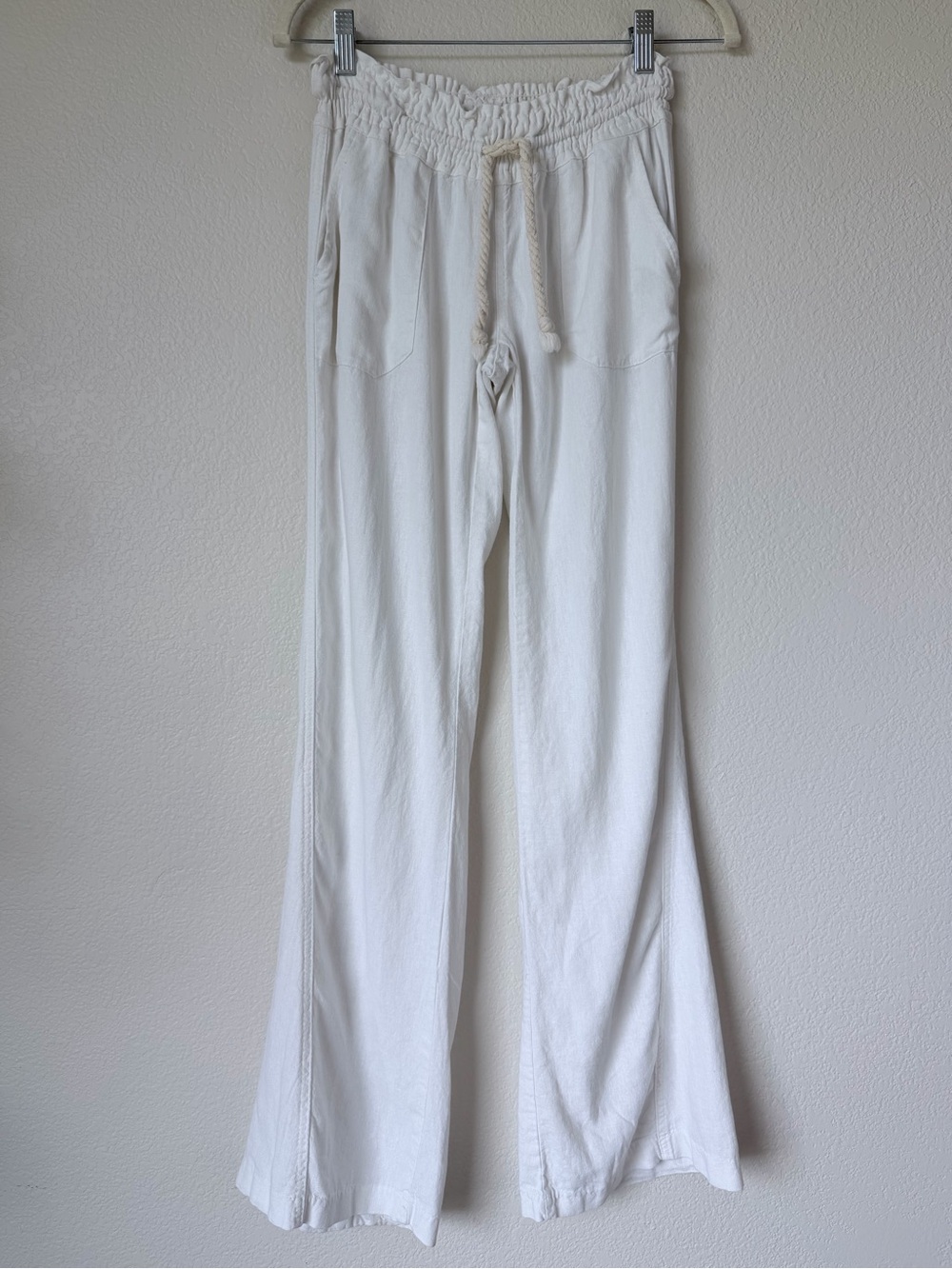 Roxy Linen Blend Wide Leg Pants Small White Beach Boho Drawstring Flare